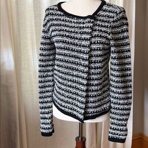 LOFT Soft Grey, White and Black Stripe Zip Up Sweater